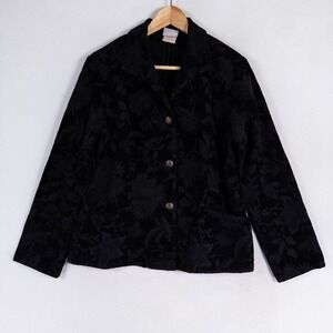 Two Star Dog Jacket Womens Sz Small Black Textured Tapestry Floral Button Up Vtg